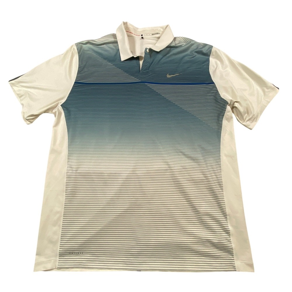Nike Tiger Woods Collection Mens Large Blue White Striped Dri-FIT Golf Polo